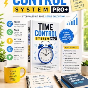 May include: A book titled "TIME CONTROL SYSTEM PRO+" with a blue alarm clock on the cover. The image includes a yellow mug with the words "FOCUS PLAN EXECUTE REPEAT" and a notepad with a daily plan.