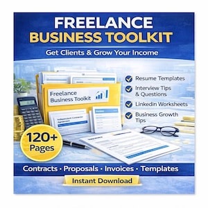 May include: A promotional image for a freelance business toolkit. The image features a yellow file folder with the text "Freelance Business Toolkit" and supporting documents. The image also includes a calculator, pen, and glasses. The text reads "Get Clients & Grow Your Income."