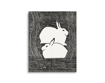 MATTE PAPER PRINT - Woodblock - Bunny Art - Rabbits - Nursey Art - Gallery Wall Art - Black and White Art