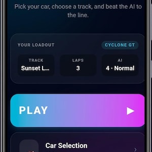 May include: A smartphone screen displaying the HTML5 Car Racing Game Apex Rush interface. The menu features a large Play button, car and track selection options, and settings. Text includes Sports Car Racing, Your Loadout, Cyclone GT, and Sunset L.