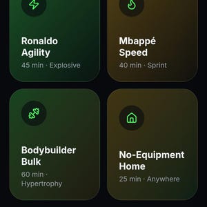 May include: A digital interface titled Train Like a Pro featuring a Workout Hub with four cards: Ronaldo Agility, Mbappé Speed, Bodybuilder Bulk, and No-Equipment Home. Each card displays a duration, category, and icon. An AI Meal Planner button is below.