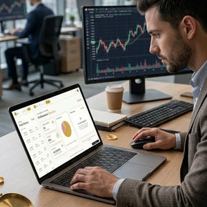 以下が含まれることがあります： グラフやデータが表示されたトレーディングダッシュボードを開いたノートパソコン。木製のデスクの上には、真鍮製のコンパス、コーヒーカップ、ノートが置かれています。デスクの表面には「GoldRose Trader Journal」という文字が刻印されています。