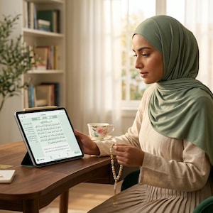 Puede incluir: Una tableta que muestra texto en árabe en su pantalla, colocada sobre un escritorio de madera junto a un cuaderno blanco con un bolígrafo y un rosario. El dispositivo es sostenido por una persona con un hiyab verde salvia y una blusa a juego.