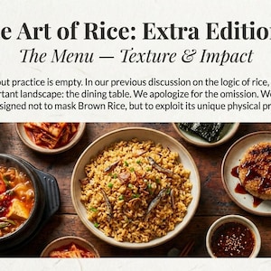 Könnte beinhalten: Ein Food-Fotografie-Bild mit einem Reis-basierten Menü. Das Bild zeigt eine Schüssel mit gebratenem Reis, einen Eintopf und mehrere kleine Teller mit Beilagen. Der Text "The Art of Rice: Extra Edition 2" steht oben, darunter "The Menu - Texture & Impact".
