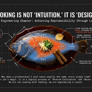 Puede incluir: Diagrama ilustrado de un pescado cocinado con anotaciones que detallan los procesos de cocción. Texto: "COOKING IS NOT 'INTUITION.' IT IS 'DESIGN.'" y "The Engineering Chapter: Achieving Reproducibility through Logic." Medidas en cm.