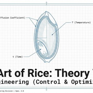 May include: Diagram of a rice grain with labeled sections for H20 (Diffusion Coefficient), T (Temperature), and t (Time). The title "The Art of Rice: Theory Vol.2" is displayed below the diagram, with "The Engineering (Control & Optimization)" underneath.