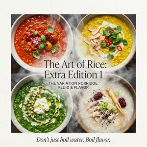 May include: Four bowls of rice porridge with various toppings are shown in an overhead shot. The text reads "The Art of Rice: Extra Edition 1" and "The Variation Porridge: Fluid & Flavor." The bottom of the image reads "Don't just boil water. Boil flavour."