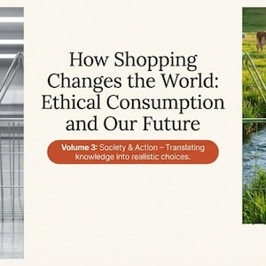 May include: Image promoting ethical consumption. A shopping cart with a tag reading "Your cart is your vote" is on the left. The title reads "How Shopping Changes the World: Ethical Consumption and Our Future."