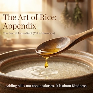 Puede incluir: Una cuchara de madera vierte aceite en un cuenco de arroz, con el texto "The Art of Rice: Appendix" y "The Secret Ingredient (Oil & Harmony)". La imagen transmite un tema culinario, con el texto "Adding oil is not about calories. It is about Kindness."
