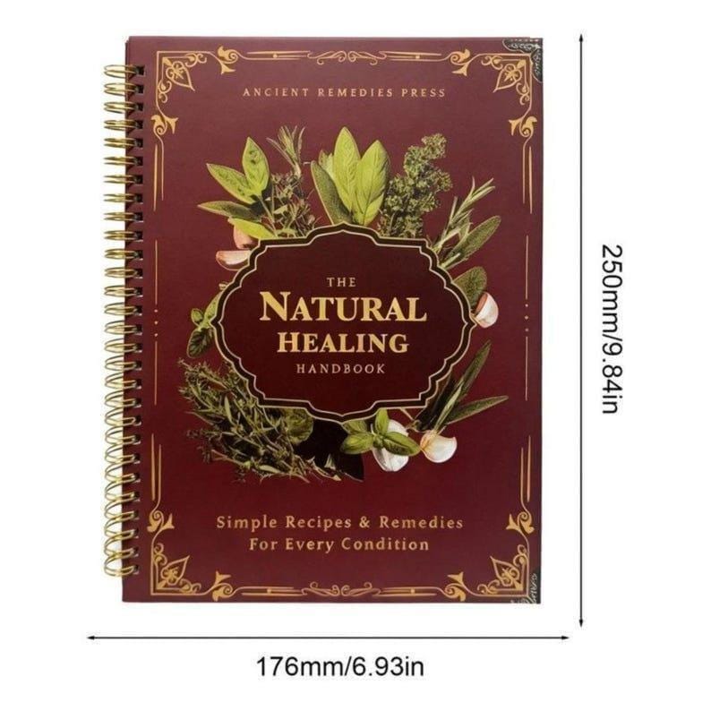 May include: A spiral-bound handbook titled "The Natural Healing Handbook" with a burgundy cover. The cover features illustrations of herbs and the text "Simple Recipes & Remedies For Every Condition." The book measures 6.93 inches wide and 9.84 inches tall.