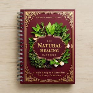 Peut inclure: Un manuel à spirales bordeaux intitulé "The Natural Healing Handbook". La couverture présente des détails dorés ornés et un motif central d'herbes fraîches. Le texte "Simple Recipes & Remedies For Every Condition" est également visible.