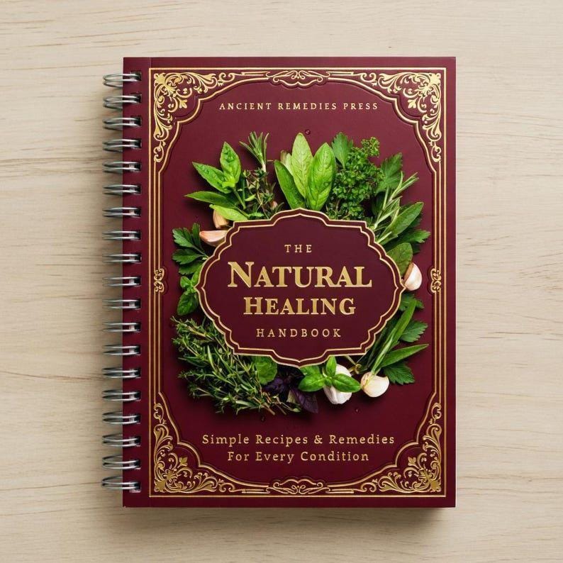 May include: A spiral-bound handbook titled "The Natural Healing Handbook" with a burgundy cover. The cover features gold ornate detailing and a central design of fresh herbs. The text "Simple Recipes & Remedies For Every Condition" is also visible.