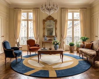 Alfombra redonda, alfombra de lana tejida a mano de 6x6, alfombra circular abstracta azul y dorada, decoración moderna para sala de estar, alfombra de felpa suave personalizada para cuarto infantil.