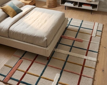 Handgetufteter Wollteppich - Abstraktes Gitterdesign Handgefertigter Teppich 15x20x30 Moderner Neutraler Beigefarbener Teppich für Schlafzimmer Wohnzimmer Mid Century Boho Deco