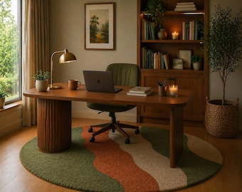 Dywan okrągły z wełny 12x12 cm, abstrakcyjny, zielony, terakotowy, kremowy, nowoczesny, boho, biurowy, ręcznie robiony, okrągły dywan