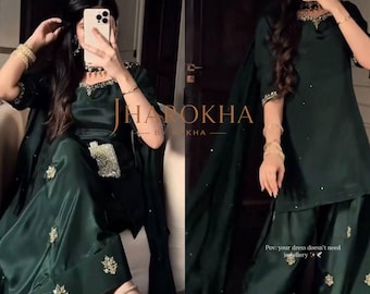 Conjunto de kurta de seda crepé natural gruesa verde bosque con salwar kurti Farshi y dupatta de organza para fiestas de niñas.