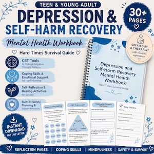 May include: A mental health workbook for teenagers and young adults, titled "Depression & Self-Harm Recovery." The cover features the title, a subtitle, and a spiral-bound notebook with worksheets. Includes CBT tools, coping skills, and self-reflection activities.