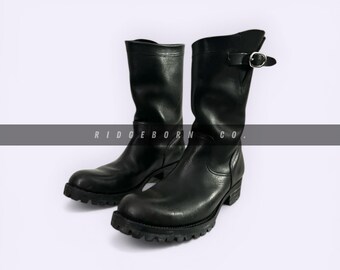Black Leather Engineer Boots Mid Calf Buckle Strap Rugged Biker Boots Handmade Durable Military Style Work Boots Men