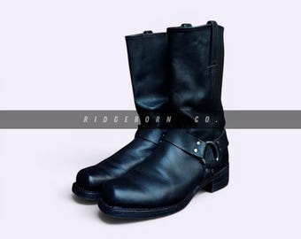 Klassische schwarze Leder Engineer Stiefel für Herren - Vintage Motorrad Biker Mid-Calf Stiefel mit Harness Strap, robuste Schuhe für alle