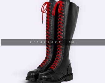 Zwarte leren gevechtslaarzen met rode veters, hoge knielaarzen met veters, rangerlaarzen, gotische punklaarzen met dikke zool, unisex stijl, cadeau-idee