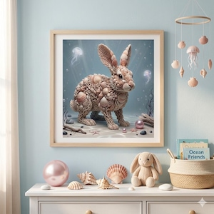 Puede incluir: Una obra de arte enmarcada representa una escultura de conejo hecha de conchas marinas, ambientada en una escena submarina con medusas. La obra está sobre una cómoda blanca adornada con conchas, un conejito de peluche y una perla rosa.