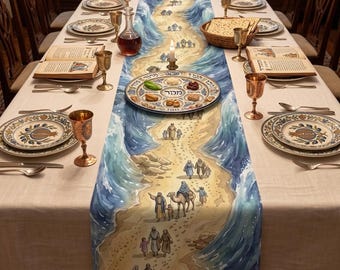 Chemin de table Pessa'h Traversée de la mer Rouge, chemin de table du Seder, décoration de table biblique, chemin de table des fêtes en lin, décoration de table Pessah