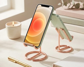 Rose Gold Metal Phone Stand for Desk, Elegant Minimalist Wire Cell Phone Holder, Chic Sculptural Tablet Holder, Office Decor Gift for Her