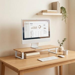 Könnte beinhalten: Ein Monitorständer aus hellem Holz mit weißen Metallbeinen steht auf einem Holztisch. Der Ständer trägt einen Computermonitor mit einer Dashboard-Oberfläche. Unter dem Ständer liegen zwei gestapelte Bücher, daneben eine weiße Tastatur und Maus.
