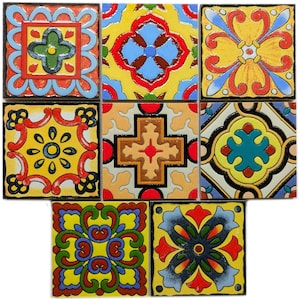 May include: Nine square ceramic tiles with colourful, intricate designs. Each tile features a unique pattern in shades of red, blue, yellow, green, and brown, with black borders. The designs include floral and geometric motifs.