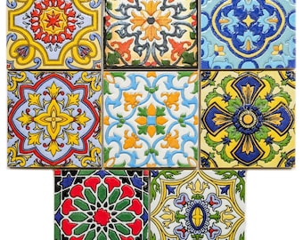 Set of 8 Multi Colour Moroccan Arabic 10cm Square Ceramic Wall & Floor Tiles