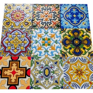 Set of 9 Multi Colour Moroccan Arabic 10cm Square Ceramic Wall & Floor Tiles