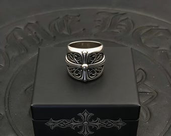 Bague cadeau en argent CH 925, croix, fleur, vigne, gothique punk, décoration de rue, bague unisexe, cadeau