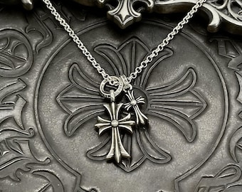Collier pendentif double croix classique en argent CH 925, design gothique, bijoux punk et streetwear, cadeaux de vacances