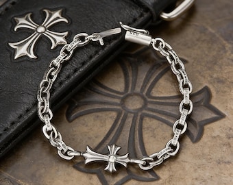 Bracelet croix classique en argent CH 925, alphabet gothique, chaîne design punk vintage, bijoux gravés unisexe, cadeaux de Noël/anniversaire