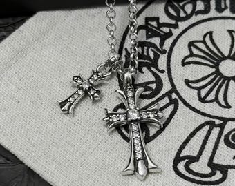 Collier pendentif double croix en argent Zircon vintage classique en argent sterling CH 925, bijoux unisexes gothiques, cadeaux de vacances