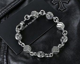 Bracelet en argent CH 925 avec perles de dés classiques vintage Design gothique : cadeaux de fête et de vacances de style street punk