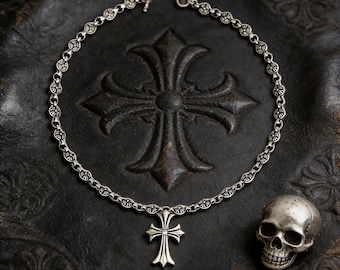 Chapelet pendentif croix classique en argent 925, design gothique, bijoux unisexe, collier croix, cadeaux de fête, 65 cm de longueur