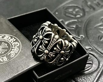 Bague croix cimetière en argent sterling vintage classique sertie de diamants, accessoires gothiques de style punk, bague unisexe pour les vacances