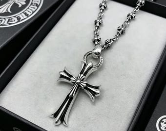 Collier pendentif croix empilées classique en argent CH 925, chaîne de fleurs croix gothique punk, collier cadeau design