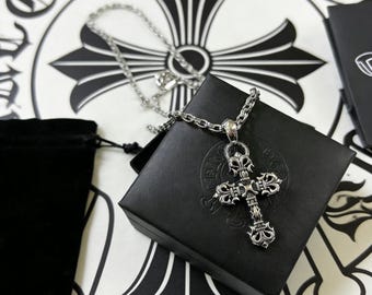 Collier pendentif croix flamboyante classique en argent 925, design gothique, bijoux unisexes punk, cadeaux de vacances