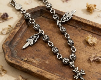 Bracelet à breloques vintage classique en argent CH 925, bijoux design punk gothique, cadeaux de Noël ou d'anniversaire pour lui/elle