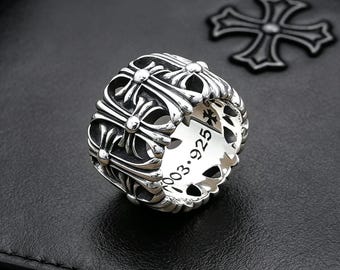 Bague croix cimetière ronde en argent 925 vintage gothique punk design rue style hip-hop bague unisexe cadeaux de vacances