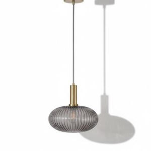Wide Smoked Ribbed Glass Pendant Light – Fluted Hanging Lamp with Brass Fixture for Dining Table, Kitchen Island, Living Room