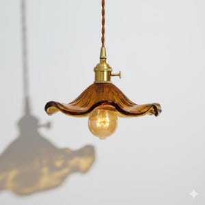 Amber Vintage Glass Pendant Light Wavy Shade Brass Socket - Retro Cottagecore Ceiling Lamp Kitchen Island Hanging Light