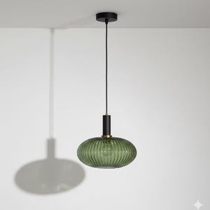 Wide Green Ribbed Glass Pendant Light – Fluted Hanging Lamp for Dining Table, Kitchen Island, Living Room