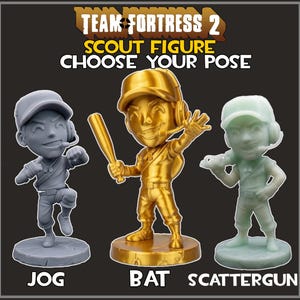 May include: Three Team Fortress 2 Scout figures on circular bases. The left figure is gray in a jogging pose labeled JOG. The center figure is gold holding a bat labeled BAT. The right figure is light green holding a scattergun labeled SCATTERGUN.