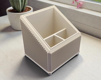 Ribbed organizer box for bathroom, desk or vanity, providing a modern way to organize makeup, pens and cosmetics; 3D printed storage box