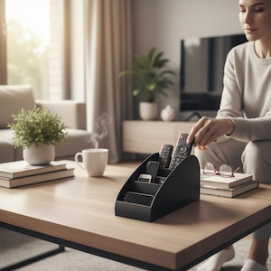 Könnte beinhalten: Ein schwarzer Fernbedienungsorganizer auf einem Holztisch. Der Organizer enthält mehrere Fernbedienungen und andere kleine elektronische Geräte. Eine Person greift nach einer Fernbedienung. Eine Tasse Kaffee und eine Pflanze stehen ebenfalls auf dem Tisch.