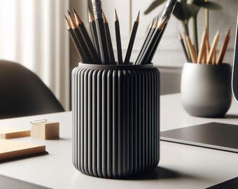 Modern ribbed pen holder, desk organizer, toothbrush holder, Japanese-style office decor, minimalist, black, 3D print
