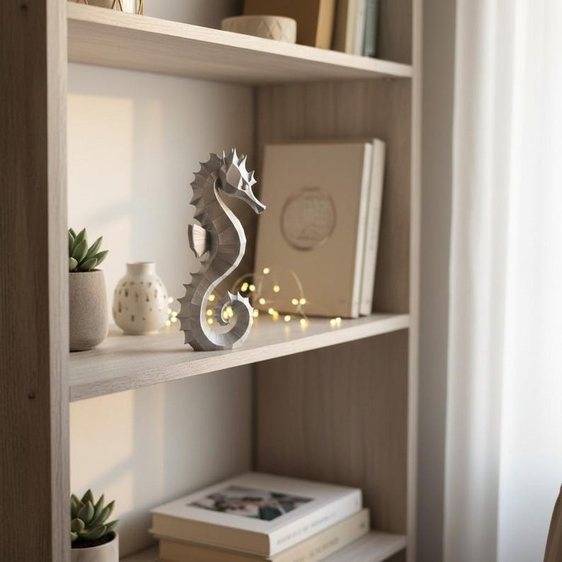Modernes Seepferdchen als elegante Skulptur im minimalistischen Stil. Maritime Dekoration aus 3D Druck Kunststoff für Badezimmer, Wohnzimmer, Regal oder Sideboard. Stilvolle Tierfigur mit klarer Formensprache passend zu Küstenstil, Japandi oder moderner Einrichtung.
Dekorative Seepferdchen Figur als maritime Wohnraumdeko mit moderner geometrischer Optik. Ideal für Bad, Schlafzimmer oder Eingangsbereich.